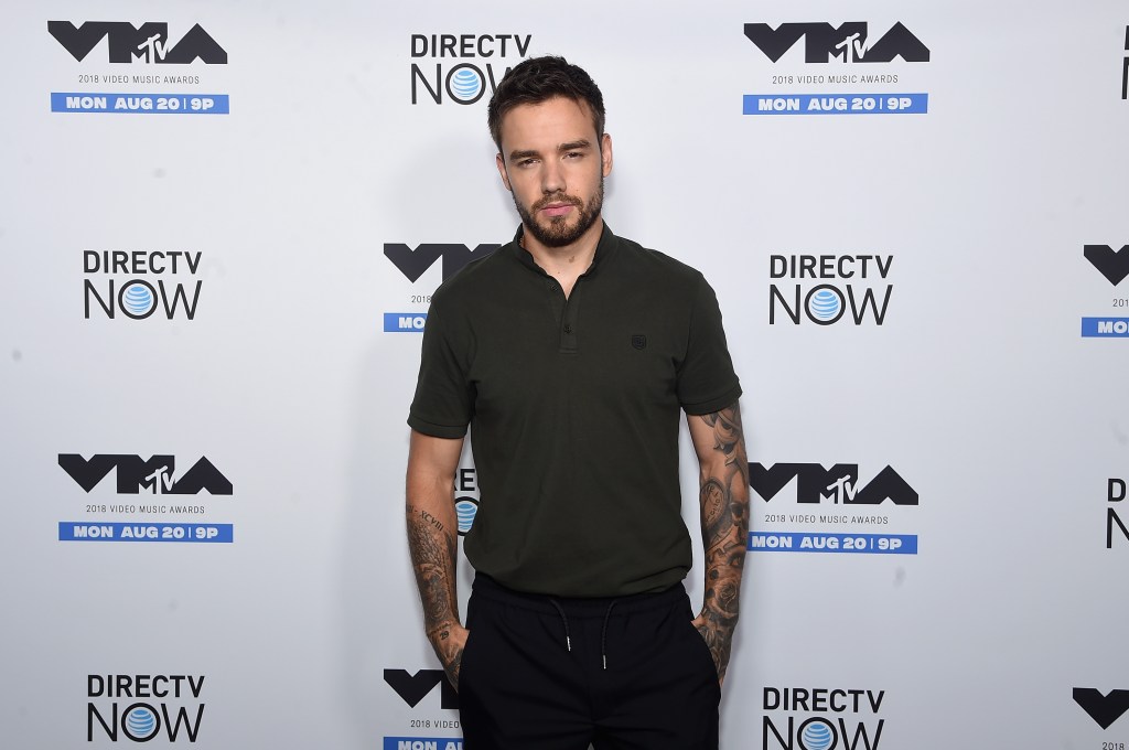 Liam Payne wearing black trousers and a khaki top posing at an event