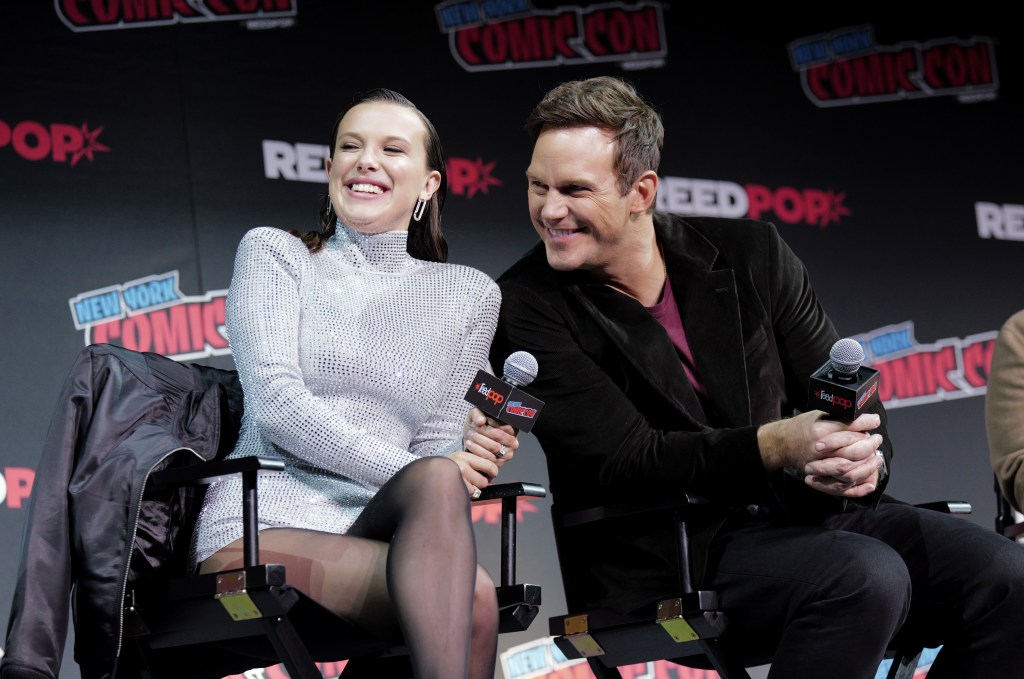 Millie Bobby Brown and Chris Pratt at the Electric State New York Comic Con 2024 panel