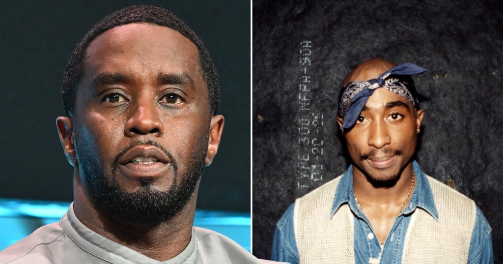 Diddy in a grey shirt and Tupac in a blue and white shirt with bandana wrapped around his head