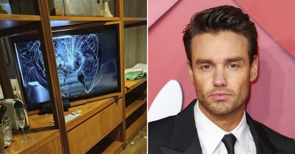 Liam Payne's hotel room, with TV screen smashed. Left picture shows Liam Payne in suit, posing on red carpet.