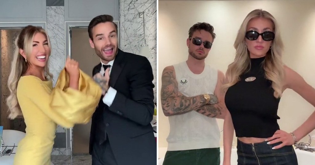 Kate Cassidy in yellow dress and Liam Payne in suit dancing in TikTok beside picture of Liam in white vest and glassses and Kate in black top and sunglasses