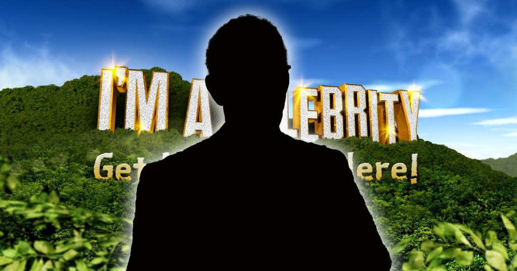 A shadow figure standing in front of the I'm A Celebrity logo.