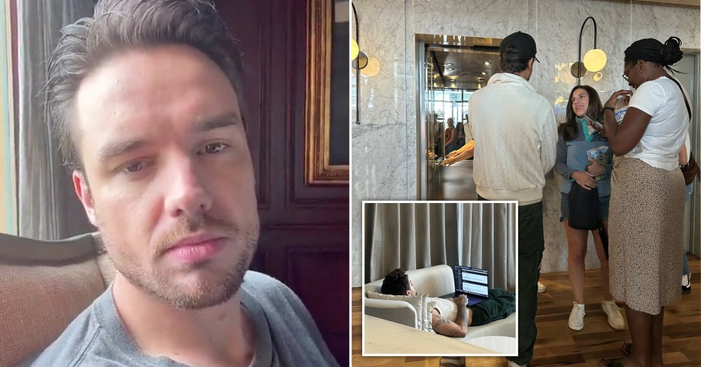 Liam Payne in a selfie, alongside a picture of him in the hotel lobby talking to two women, and a picture of him lying on a couch with his laptop