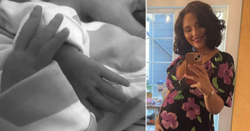 Charlotte's baby Penelope's hands in black and white. Right picture shows Charlotte posing holding her pregnancy bump