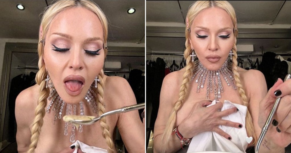 Two images of Madonna eating soup. She is topless, wearing a large crystal necklace, and wearing her long blonde hair in two braids