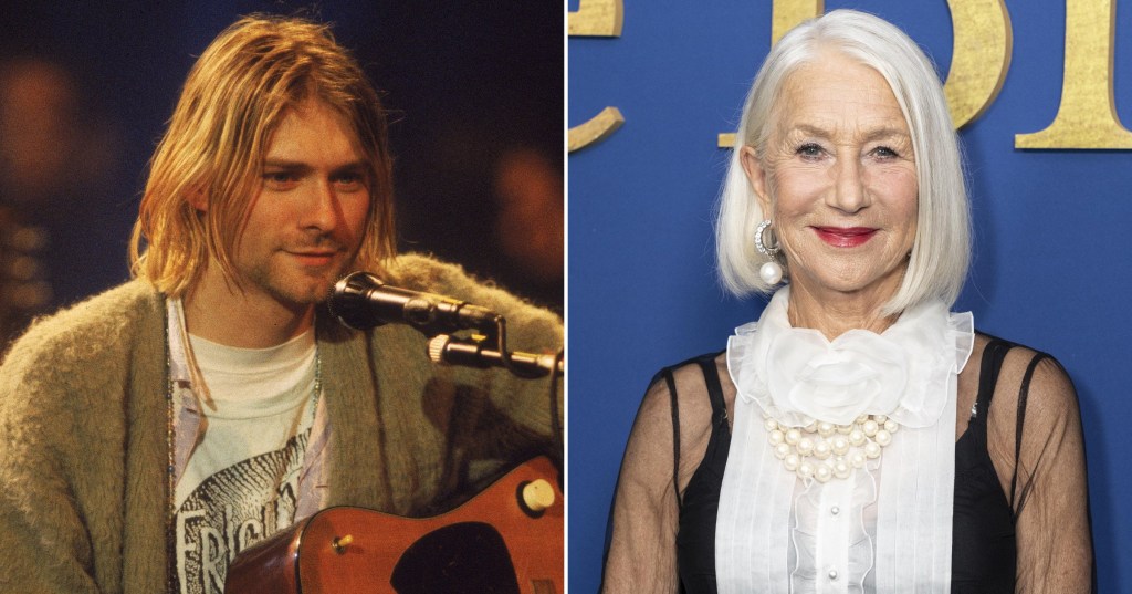 A compilation image of Kurt Cobain playing guitar and Helen Mirren at a red carpet event