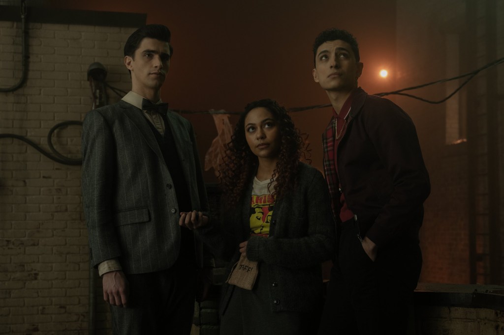 George Rexstrew as Edwin Payne, Kassius Nelson as Crystal Palace and Jayden Revri as Charles Rowland in Dead Boy Detectives