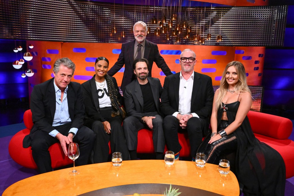 EDITORIAL USE ONLY (left to right) Hugh Grant, Neneh Cherry, Sebastian Stan, Greg Davies, Perrie Edwards and host Graham Norton during filming for the Graham Norton Show, at BBC Studioworks 6 Television Centre, Wood Lane, London, to be aired on BBC One on Friday evening. Picture date: Thursday October 3, 2024. Picture credit: Matt Crossick/PA Wire