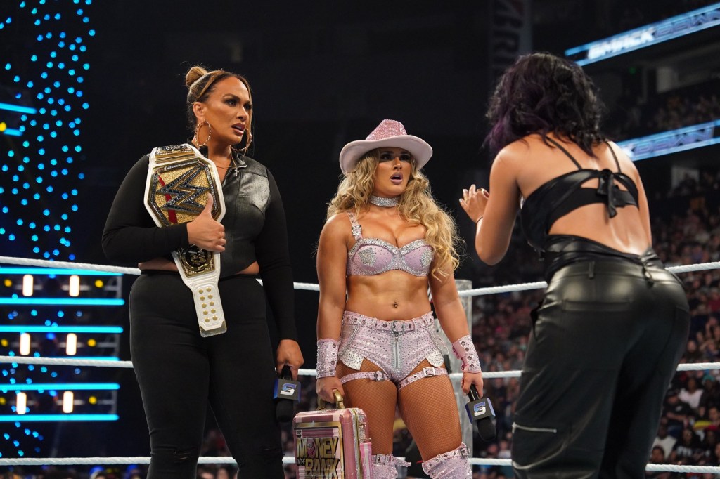 WWE Women's Champion Nia Jax, Tiffany Stratton and Bayley face off with each other in the ring during WWE SmackDown