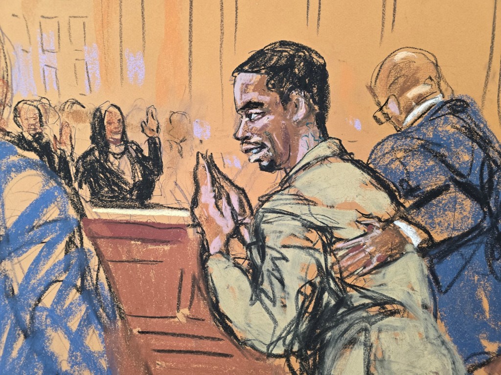 Sketch shows Sean 'Diddy' Combs' bows and waves back to friends and family who wave at him as he attends a hearing in federal court