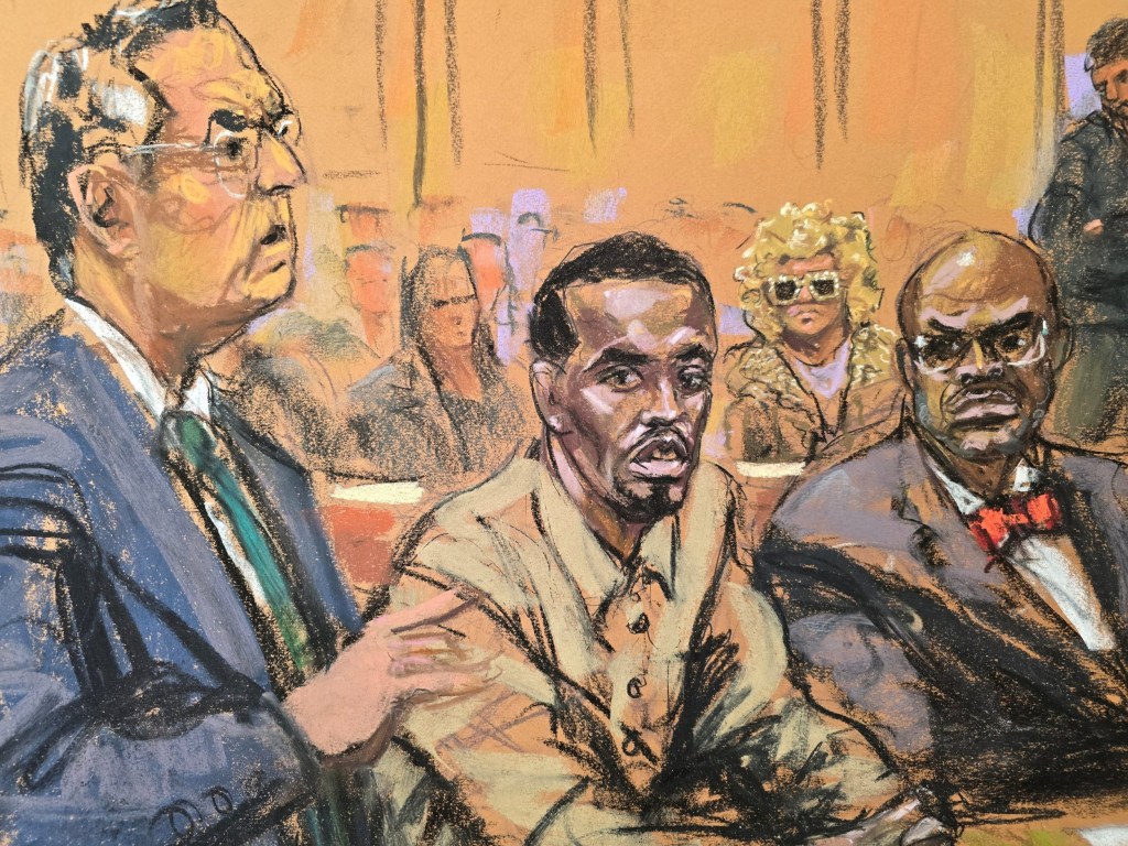 Sean 'Diddy' Combs', accompanied by attorneys Marc Agnifilo and Anthony Ricco, and with his mom seated in the back, attends a hearing in federal court in the Manhattan borough of New York City, U.S., October 10, 2024 in this courtroom sketch. 