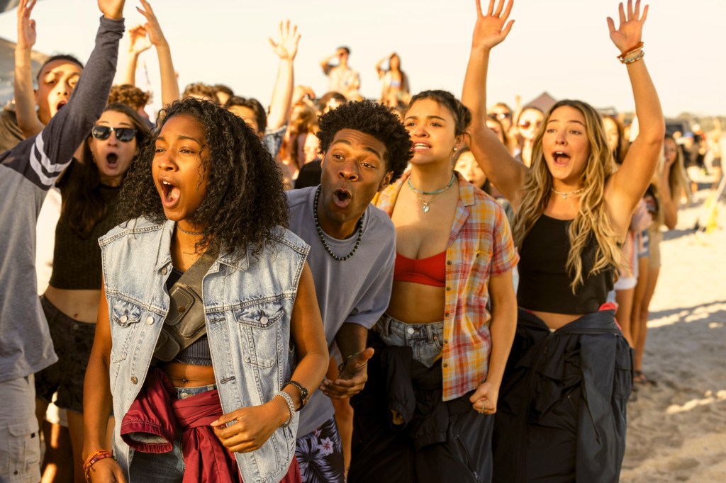 Carlacia Grant as Cleo, Jonathan Daviss as Pope, Madison Bailey as Kiara, Madelyn Cline as Sarah Cameron in season four of Outer Banks on Netflix