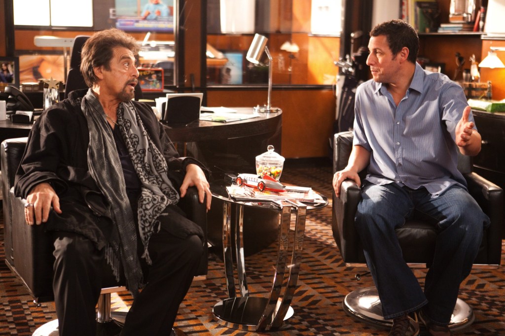 Al Pacino, Adam Sandler sit facing each other in chairs in a scene from Jack and Jill