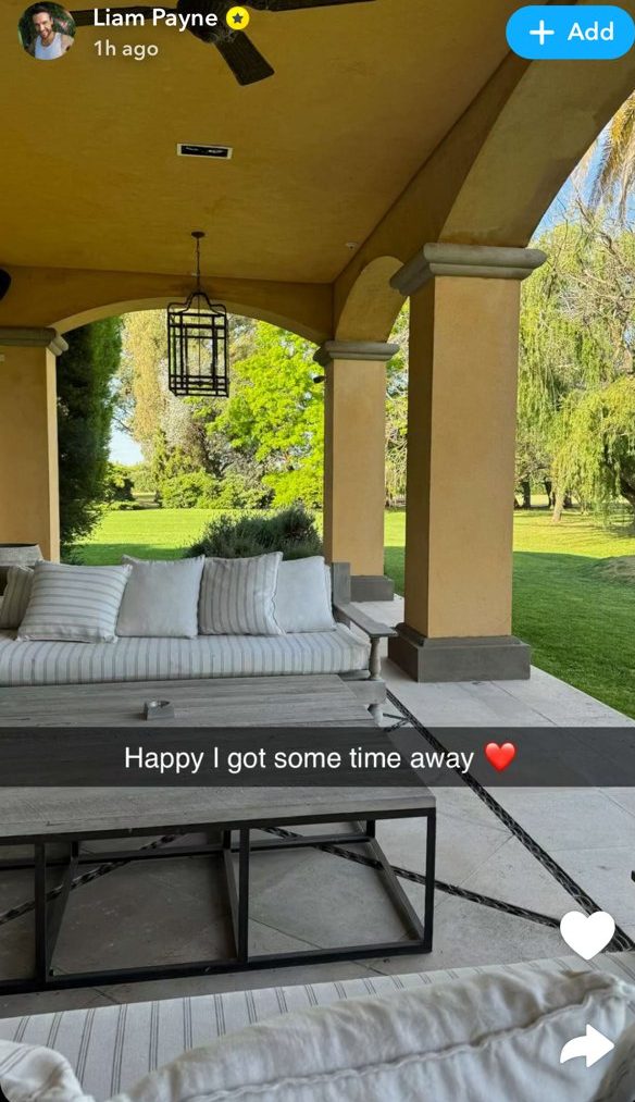 Snapchat image of lounge area and green grass with caption 'happy i got some time away'