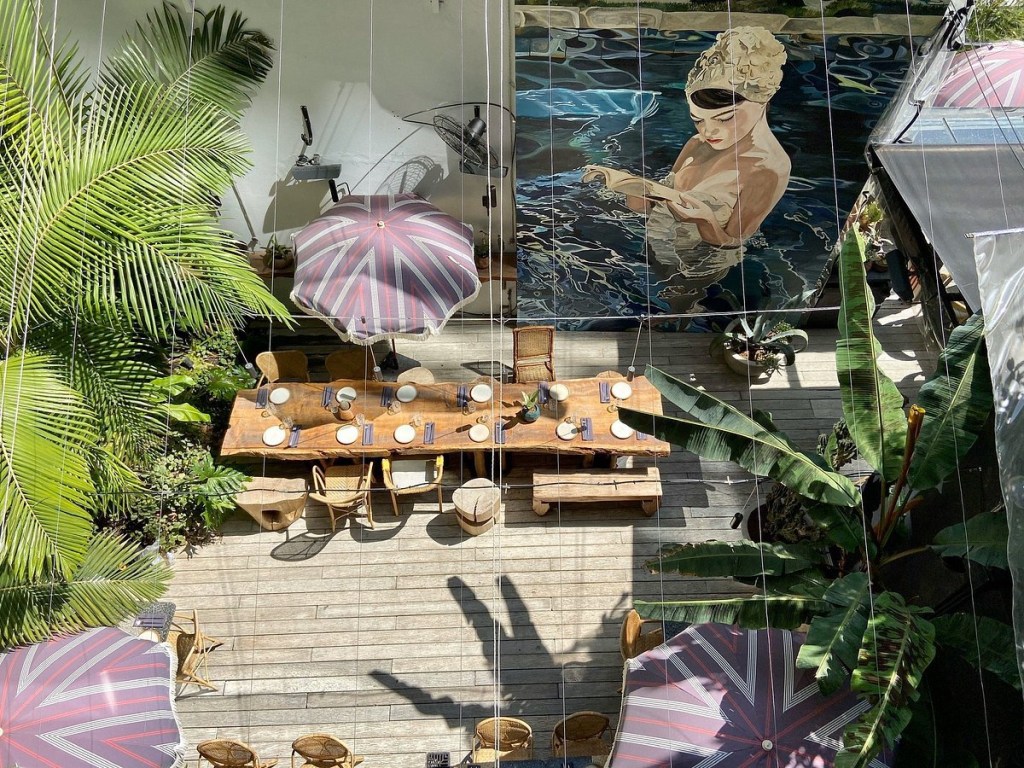 A view of an outdoor dining area at the Casa Sur Palermo hotel in Buenos Aires, Argentina