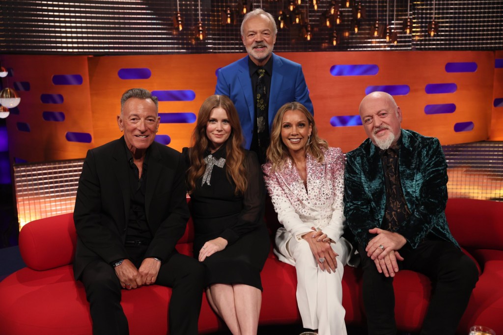 EDITORIAL USE ONLY. Host Graham Norton with (seated left to right) Bruce Springsteen, Amy Adams, Vanessa Williams, and Bill Bailey during the filming for the Graham Norton Show at BBC Studioworks 6 Television Centre, Wood Lane, London, to be aired on BBC One on Friday evening. Picture date: Thursday October 17, 2024. Photo credit: Isabel Infantes/PA Wire