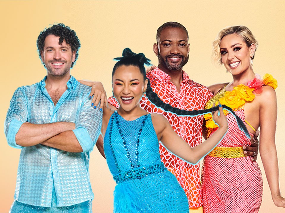 Strictly Come Dancing stars Shayne Ward and Nancy XU and JB Gill and Amy Dowden. They are posing together in dance outfits with big smiles on their faces.