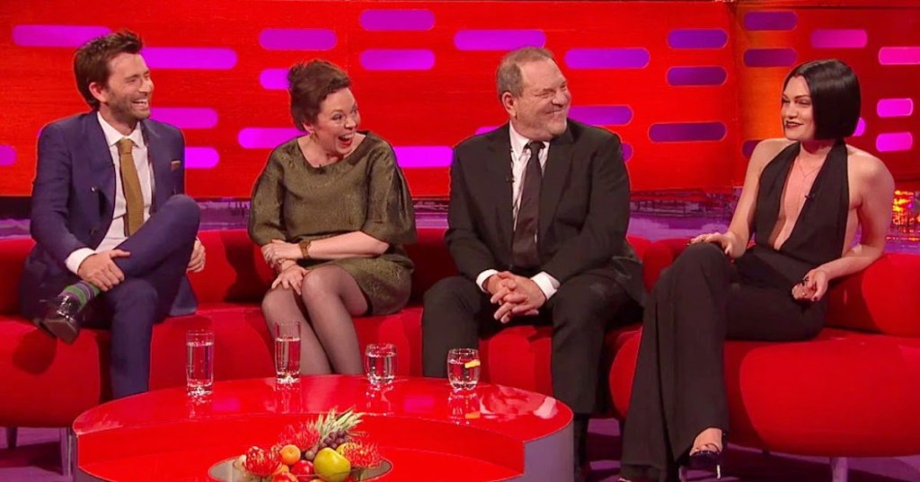 David Tennant, Olivia Colman, Harvey Weinstein, and Jessie J laugh at a joke on The Graham Norton Show